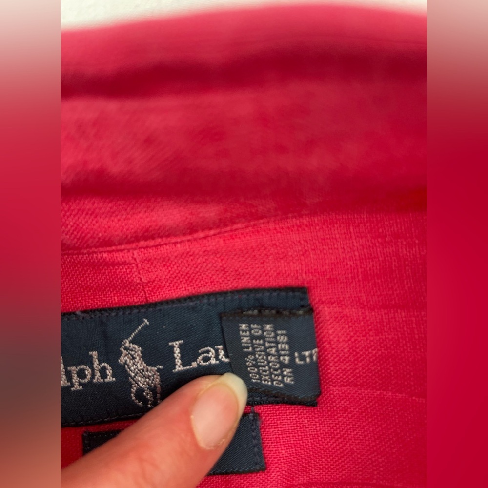 Ralph Lauren Custom Fit 100% Linen Pink Button Down Shirt XL Blue Pony - Picture 8 of 11